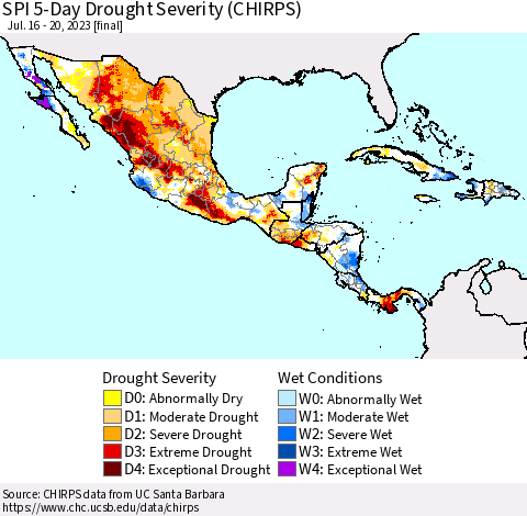 Mexico Central America and the Caribbean SPI 5-Day Drought Severity (CHIRPS) Thematic Map For 7/16/2023 - 7/20/2023
