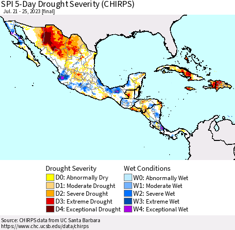 Mexico Central America and the Caribbean SPI 5-Day Drought Severity (CHIRPS) Thematic Map For 7/21/2023 - 7/25/2023