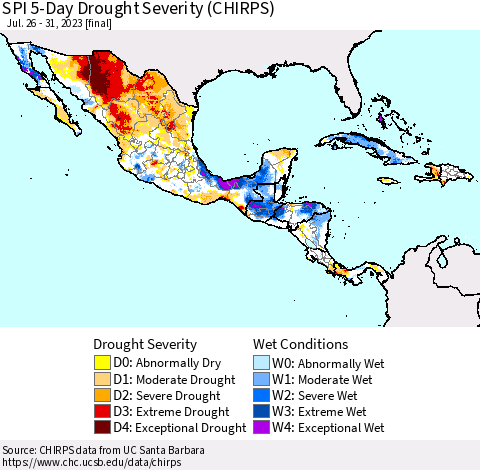 Mexico Central America and the Caribbean SPI 5-Day Drought Severity (CHIRPS) Thematic Map For 7/26/2023 - 7/31/2023