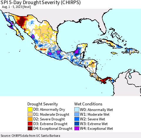 Mexico Central America and the Caribbean SPI 5-Day Drought Severity (CHIRPS) Thematic Map For 8/1/2023 - 8/5/2023
