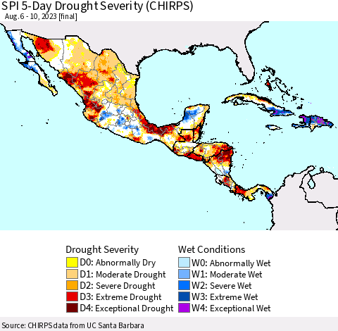 Mexico Central America and the Caribbean SPI 5-Day Drought Severity (CHIRPS) Thematic Map For 8/6/2023 - 8/10/2023