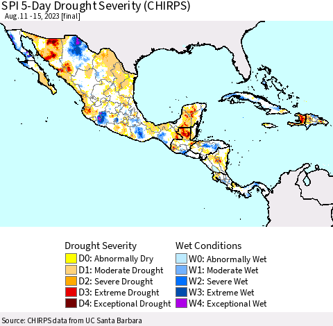 Mexico Central America and the Caribbean SPI 5-Day Drought Severity (CHIRPS) Thematic Map For 8/11/2023 - 8/15/2023