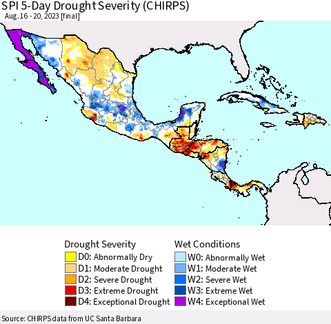 Mexico Central America and the Caribbean SPI 5-Day Drought Severity (CHIRPS) Thematic Map For 8/16/2023 - 8/20/2023