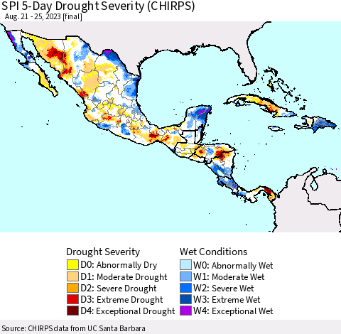 Mexico Central America and the Caribbean SPI 5-Day Drought Severity (CHIRPS) Thematic Map For 8/21/2023 - 8/25/2023