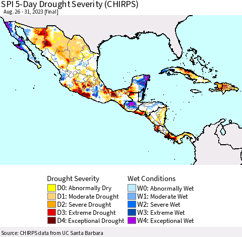 Mexico Central America and the Caribbean SPI 5-Day Drought Severity (CHIRPS) Thematic Map For 8/26/2023 - 8/31/2023