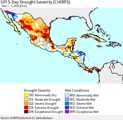 Mexico Central America and the Caribbean SPI 5-Day Drought Severity (CHIRPS) Thematic Map For 9/1/2023 - 9/5/2023