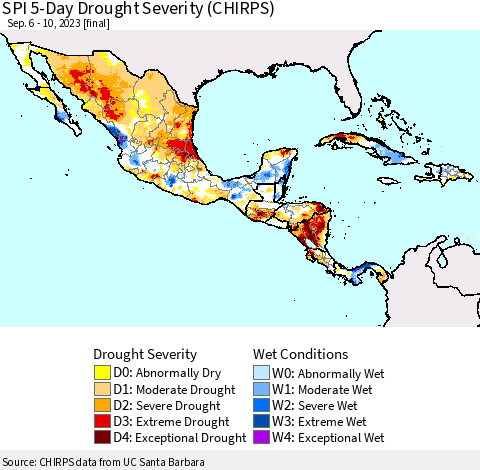 Mexico Central America and the Caribbean SPI 5-Day Drought Severity (CHIRPS) Thematic Map For 9/6/2023 - 9/10/2023