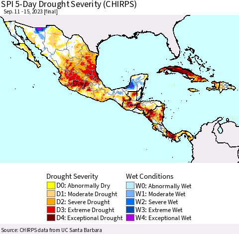 Mexico Central America and the Caribbean SPI 5-Day Drought Severity (CHIRPS) Thematic Map For 9/11/2023 - 9/15/2023