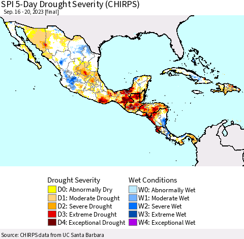 Mexico Central America and the Caribbean SPI 5-Day Drought Severity (CHIRPS) Thematic Map For 9/16/2023 - 9/20/2023