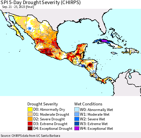 Mexico Central America and the Caribbean SPI 5-Day Drought Severity (CHIRPS) Thematic Map For 9/21/2023 - 9/25/2023