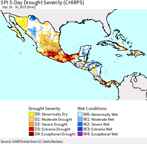 Mexico Central America and the Caribbean SPI 5-Day Drought Severity (CHIRPS) Thematic Map For 9/26/2023 - 9/30/2023