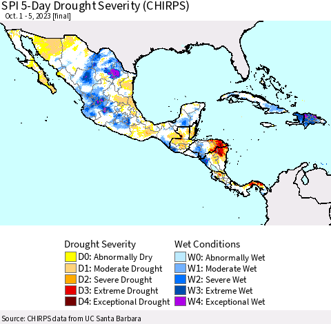 Mexico Central America and the Caribbean SPI 5-Day Drought Severity (CHIRPS) Thematic Map For 10/1/2023 - 10/5/2023