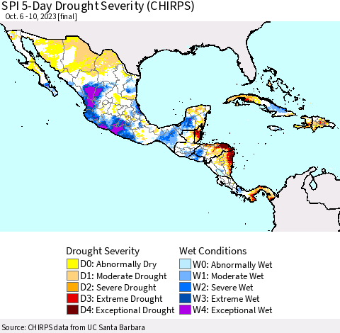 Mexico Central America and the Caribbean SPI 5-Day Drought Severity (CHIRPS) Thematic Map For 10/6/2023 - 10/10/2023