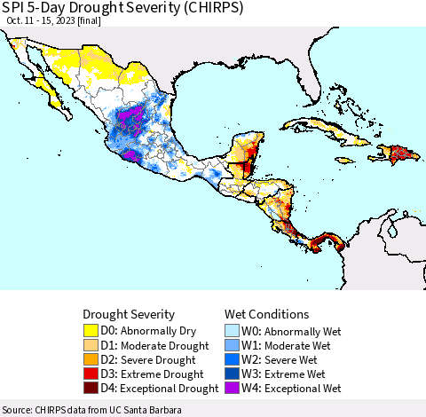 Mexico Central America and the Caribbean SPI 5-Day Drought Severity (CHIRPS) Thematic Map For 10/11/2023 - 10/15/2023