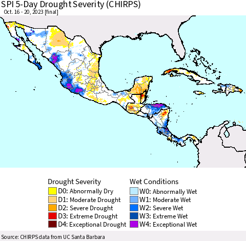 Mexico Central America and the Caribbean SPI 5-Day Drought Severity (CHIRPS) Thematic Map For 10/16/2023 - 10/20/2023