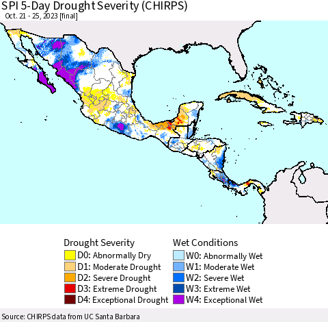 Mexico Central America and the Caribbean SPI 5-Day Drought Severity (CHIRPS) Thematic Map For 10/21/2023 - 10/25/2023