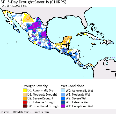 Mexico Central America and the Caribbean SPI 5-Day Drought Severity (CHIRPS) Thematic Map For 10/26/2023 - 10/31/2023