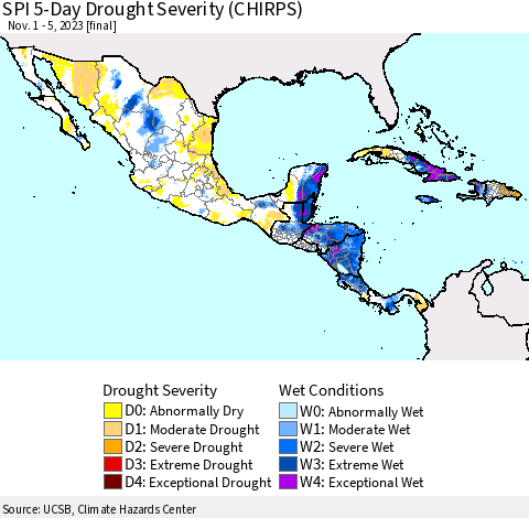 Mexico Central America and the Caribbean SPI 5-Day Drought Severity (CHIRPS) Thematic Map For 11/1/2023 - 11/5/2023
