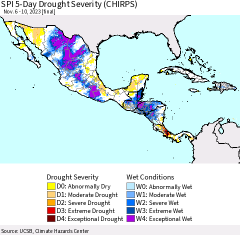 Mexico Central America and the Caribbean SPI 5-Day Drought Severity (CHIRPS) Thematic Map For 11/6/2023 - 11/10/2023