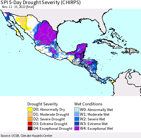 Mexico Central America and the Caribbean SPI 5-Day Drought Severity (CHIRPS) Thematic Map For 11/11/2023 - 11/15/2023