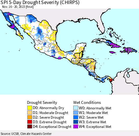 Mexico Central America and the Caribbean SPI 5-Day Drought Severity (CHIRPS) Thematic Map For 11/16/2023 - 11/20/2023