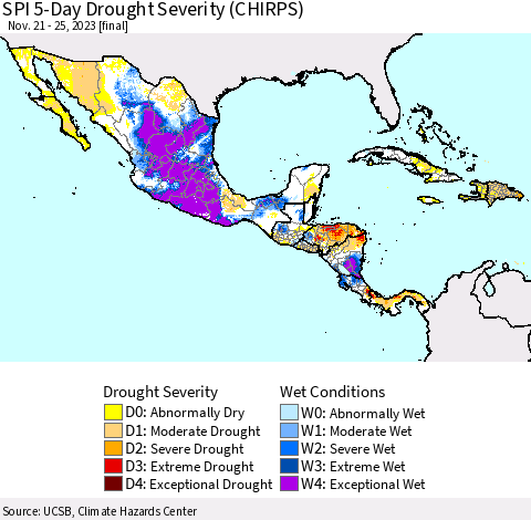 Mexico Central America and the Caribbean SPI 5-Day Drought Severity (CHIRPS) Thematic Map For 11/21/2023 - 11/25/2023