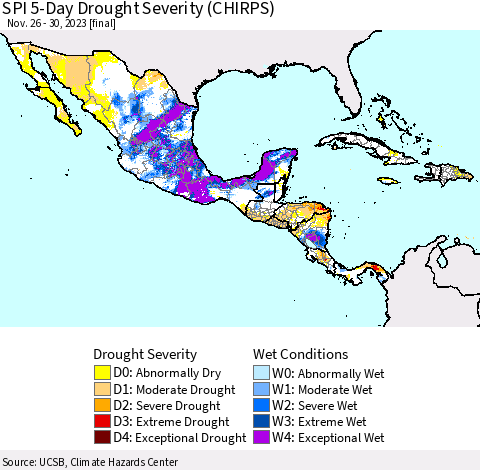Mexico Central America and the Caribbean SPI 5-Day Drought Severity (CHIRPS) Thematic Map For 11/26/2023 - 11/30/2023