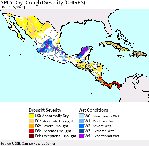 Mexico Central America and the Caribbean SPI 5-Day Drought Severity (CHIRPS) Thematic Map For 12/1/2023 - 12/5/2023