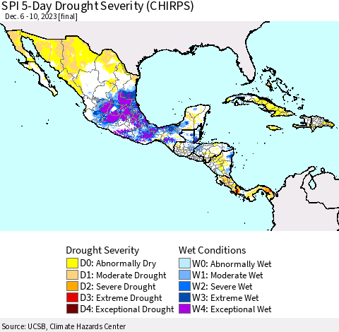 Mexico Central America and the Caribbean SPI 5-Day Drought Severity (CHIRPS) Thematic Map For 12/6/2023 - 12/10/2023