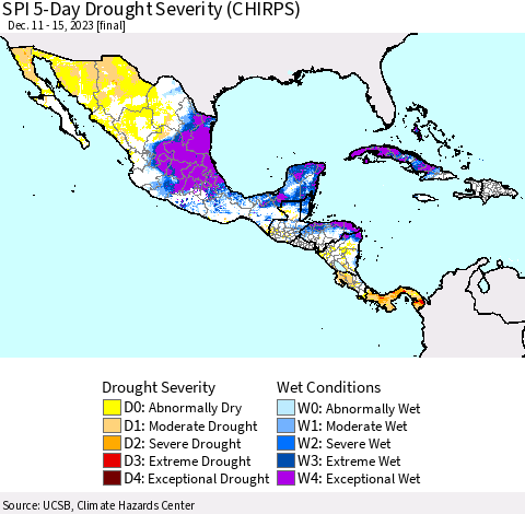 Mexico Central America and the Caribbean SPI 5-Day Drought Severity (CHIRPS) Thematic Map For 12/11/2023 - 12/15/2023