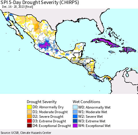 Mexico Central America and the Caribbean SPI 5-Day Drought Severity (CHIRPS) Thematic Map For 12/16/2023 - 12/20/2023