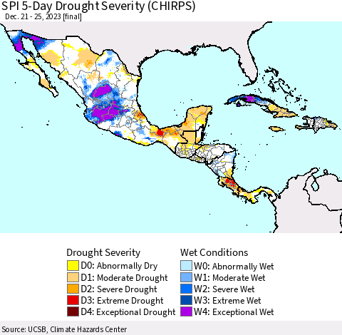 Mexico Central America and the Caribbean SPI 5-Day Drought Severity (CHIRPS) Thematic Map For 12/21/2023 - 12/25/2023