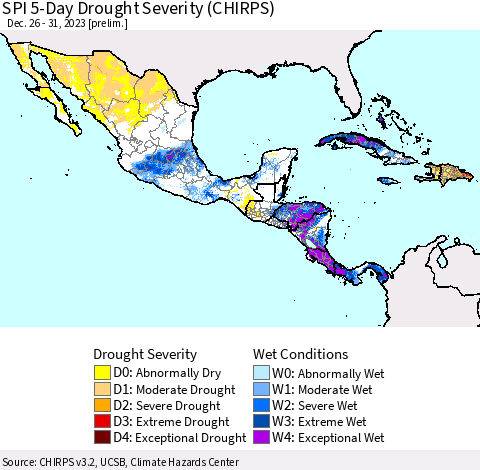 Mexico Central America and the Caribbean SPI 5-Day Drought Severity (CHIRPS) Thematic Map For 12/26/2023 - 12/31/2023