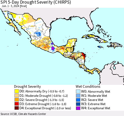 Mexico Central America and the Caribbean SPI 5-Day Drought Severity (CHIRPS) Thematic Map For 1/1/2024 - 1/5/2024
