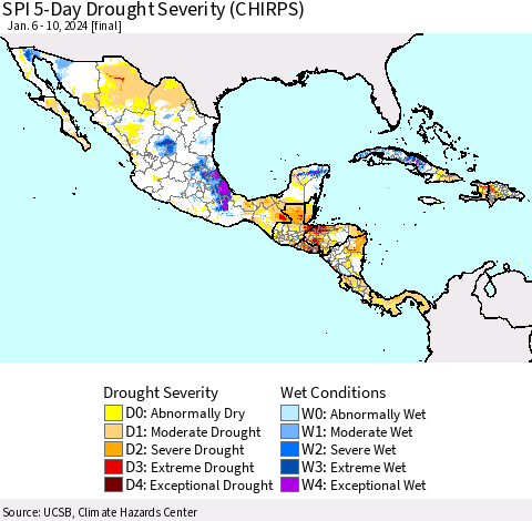 Mexico Central America and the Caribbean SPI 5-Day Drought Severity (CHIRPS) Thematic Map For 1/6/2024 - 1/10/2024