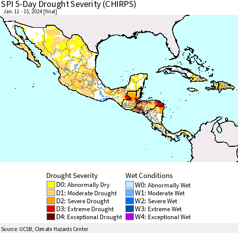 Mexico Central America and the Caribbean SPI 5-Day Drought Severity (CHIRPS) Thematic Map For 1/11/2024 - 1/15/2024