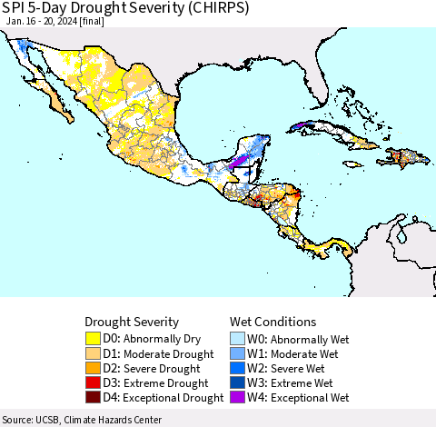 Mexico Central America and the Caribbean SPI 5-Day Drought Severity (CHIRPS) Thematic Map For 1/16/2024 - 1/20/2024