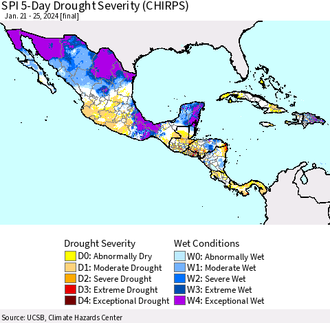 Mexico Central America and the Caribbean SPI 5-Day Drought Severity (CHIRPS) Thematic Map For 1/21/2024 - 1/25/2024
