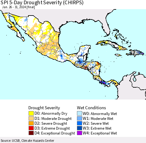 Mexico Central America and the Caribbean SPI 5-Day Drought Severity (CHIRPS) Thematic Map For 1/26/2024 - 1/31/2024
