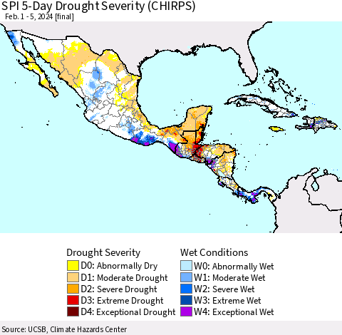 Mexico Central America and the Caribbean SPI 5-Day Drought Severity (CHIRPS) Thematic Map For 2/1/2024 - 2/5/2024