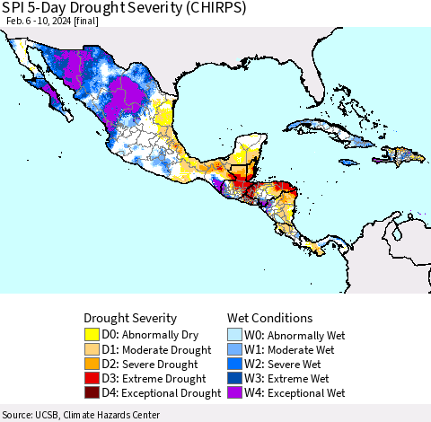 Mexico Central America and the Caribbean SPI 5-Day Drought Severity (CHIRPS) Thematic Map For 2/6/2024 - 2/10/2024