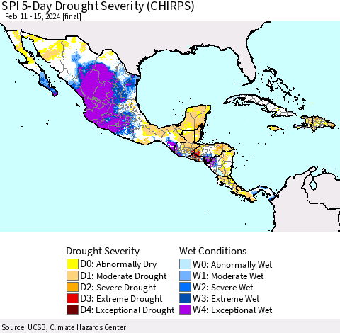 Mexico Central America and the Caribbean SPI 5-Day Drought Severity (CHIRPS) Thematic Map For 2/11/2024 - 2/15/2024