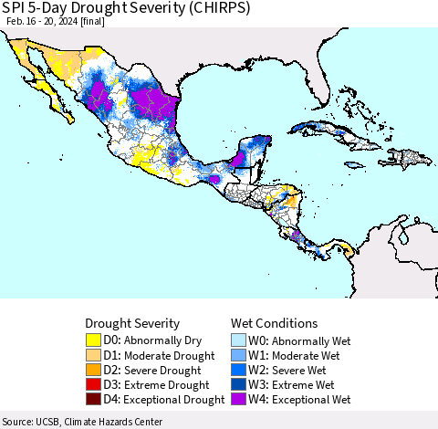 Mexico Central America and the Caribbean SPI 5-Day Drought Severity (CHIRPS) Thematic Map For 2/16/2024 - 2/20/2024