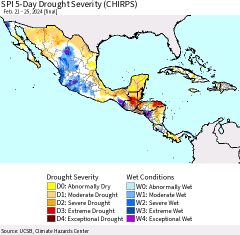 Mexico Central America and the Caribbean SPI 5-Day Drought Severity (CHIRPS) Thematic Map For 2/21/2024 - 2/25/2024