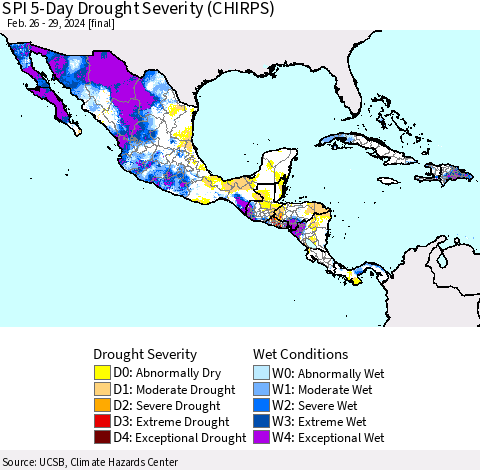 Mexico Central America and the Caribbean SPI 5-Day Drought Severity (CHIRPS) Thematic Map For 2/26/2024 - 2/29/2024