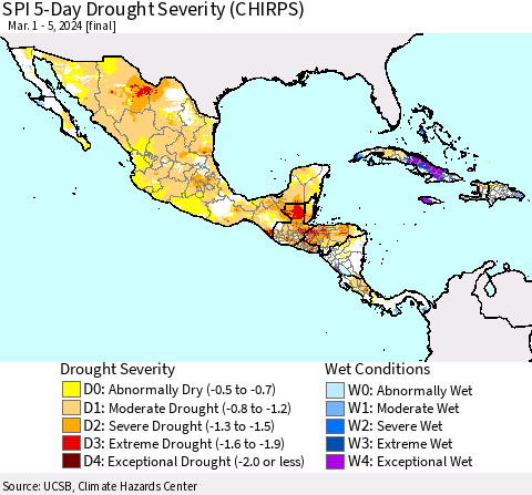 Mexico Central America and the Caribbean SPI 5-Day Drought Severity (CHIRPS) Thematic Map For 3/1/2024 - 3/5/2024
