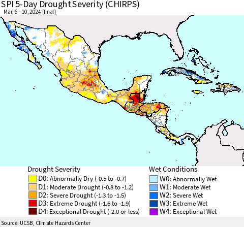 Mexico Central America and the Caribbean SPI 5-Day Drought Severity (CHIRPS) Thematic Map For 3/6/2024 - 3/10/2024