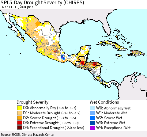 Mexico Central America and the Caribbean SPI 5-Day Drought Severity (CHIRPS) Thematic Map For 3/11/2024 - 3/15/2024