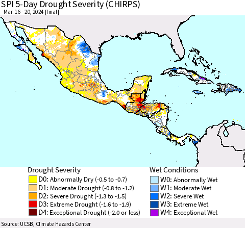 Mexico Central America and the Caribbean SPI 5-Day Drought Severity (CHIRPS) Thematic Map For 3/16/2024 - 3/20/2024