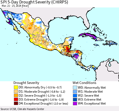Mexico Central America and the Caribbean SPI 5-Day Drought Severity (CHIRPS) Thematic Map For 3/21/2024 - 3/25/2024
